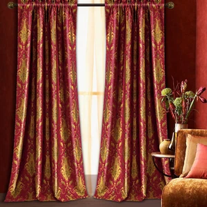 Luxury Red Damask Curtains for Bedroom, Textured Lined Jacquard Curtain 2 Panels - Picture 1 of 7
