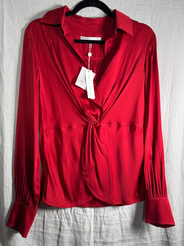 TRINA TURK новый блузка женщин Sz средний M длинным рукавом красный шелк оборки v-образным вырезом новый с Ярлыками - Изображение 1 из 4