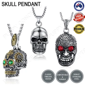 Stainless Steel Titanium Sugar Crown Skull Head Necklace Pendant Biker Punk Hip - Picture 1 of 25