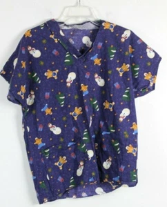 Handmade Christmas Nurse Scrub Top Size M V Neck Short Sleeve Snowmen Gingerbrea - Picture 1 of 4