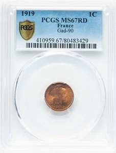 France - 1919 1 Centimes - PCGS MS67RD - ONLY 2 COINS GRADED FINER AT PCGS! - Picture 1 of 3