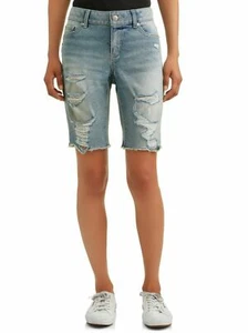 NWT Time And Tru Size 6 Bermuda Destructed Distressed Denim Shorts Medium Wash - Picture 1 of 2