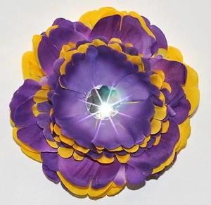 4,5" lila & leuchtend gelb Pfingstrose Stoff Seide Blume Haarspange Handarbeit - Bild 1 von 2