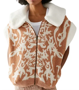 NEW FREE PEOPLE CAMERON COZY PRINTED FAUX FUR SWEATER VEST JACKET COAT SZ SMALL - Picture 1 of 4