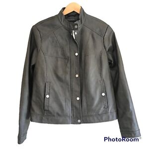 Bernardo Faux Leather Moto Jacket Women’s M Taupe Gray Lined Snap Full Zip