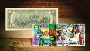 STAR WARS Movie ROGUE ONE $2 US Bill Pop Art HAND-SIGNED by Rency / Banksy - Picture 1 of 3