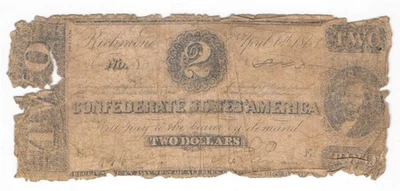 T-61 1862 $2 Confederate Currency Scarce Real Civil War Money Judah P Benjamin - Image 1 of 2