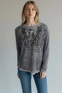 Camiseta térmica gris Harley Davidson con tachuelas alas de ángel manga larga 2XL - Imagen 1 de 11