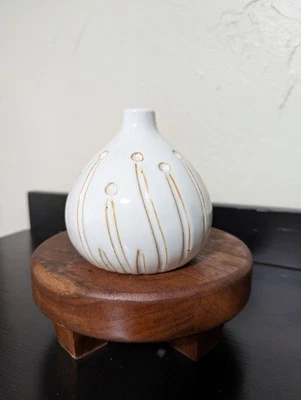 Vintage MCM Neutral Stoneware Bud Vase With Abstract Floral Motif Glossy Finish - Image 1 of 4