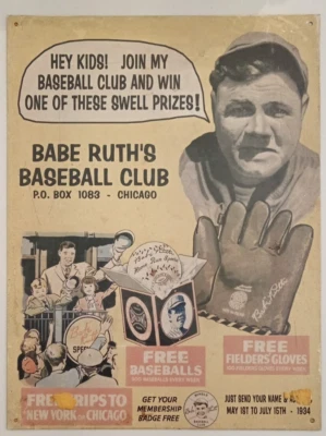 “BABE RUTH Baseball Club" metal Advertising - 1995 - Image 1 of 4