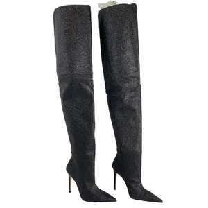 Good American Boots Damen Gr. 5,5 Schwarz Glitzer Oberschenkel Kardashian GA173G-X $ 349 Neu im Karton - Bild 1 von 13
