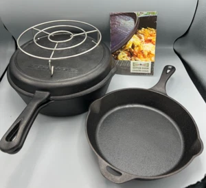 4 pc Seasoned Cast Iron Pans Skillets Pot Set Fry Pan Lid Trivet Book Lot Campin - Picture 1 of 16