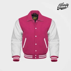Lo último Rosa Cuerpo Mangas Blancas Chaqueta Universitaria Profesional Letterman Béisbol Colegio Bombardero - Imagen 1 de 5