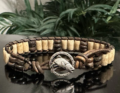  Mens Brown Bone Surf Leather Wrap Bracelet w/ Fish Trout Button - Image 1 of 4