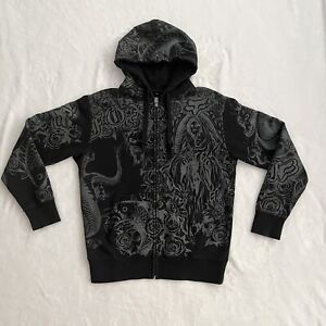 Fox Racing Full Zip Hoodie Sweatshirt Mens Size Large Black All Over Print
