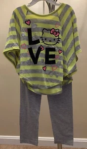 Hello Kitty Neon Green Striped Dolman Tee & Leggings Set Butterfly Sleeves Bow 6 - Picture 1 of 12