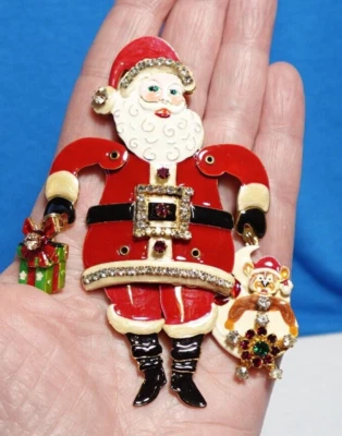 LUNCH AT THE RITZ LATR 2GO SANTA CLAUS HUGE PIN BROOCH GOLD ENAMEL CRYSTAL - Image 1 of 4