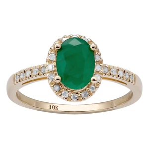 10k Yellow Gold Oval Emerald and Diamond Halo Ring - Picture 1 of 5