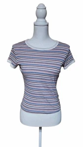 Arizona Casual Striped Baby Tee Sz XS Women's Multicolor White Trim Comfy - Picture 1 of 5