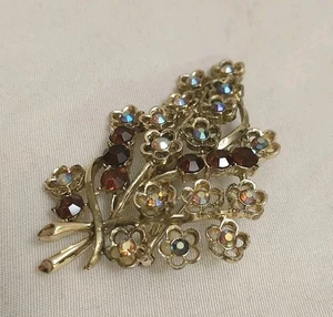 VTG Signed Coro Deep Amber Aurora Borealis Iridescent Rhinestone Floral Brooch - Picture 1 of 7