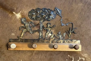 Rustic Metal Wall Hook Decor with Wooden Base - Picture 1 of 9