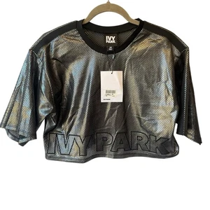 Ivy Park Damen-T-Shirt neu mit Etikett Metallic Mesh Crop Top XS Gunmetal silber schwarz NEU - Bild 1 von 7