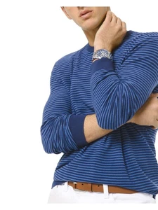 MICHAEL KORS Mens Navy Striped Crew Neck Cotton Sweater L - Picture 1 of 3