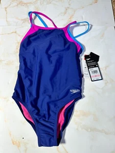 Speedo Girls Double Crossback Splice One Piece Swimwear Navy Size 10 - Picture 1 of 3