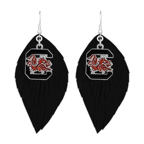 South Carolina Gamecocks Black Maroon Boho Leather Feather Earrings Jewelry USC Cover