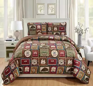 BEAUTIFUL LODGE GREEN RED BROWN FISH DEER LAKE OUTDOORS SOFT LOG CABIN QUILT SET - Picture 1 of 1