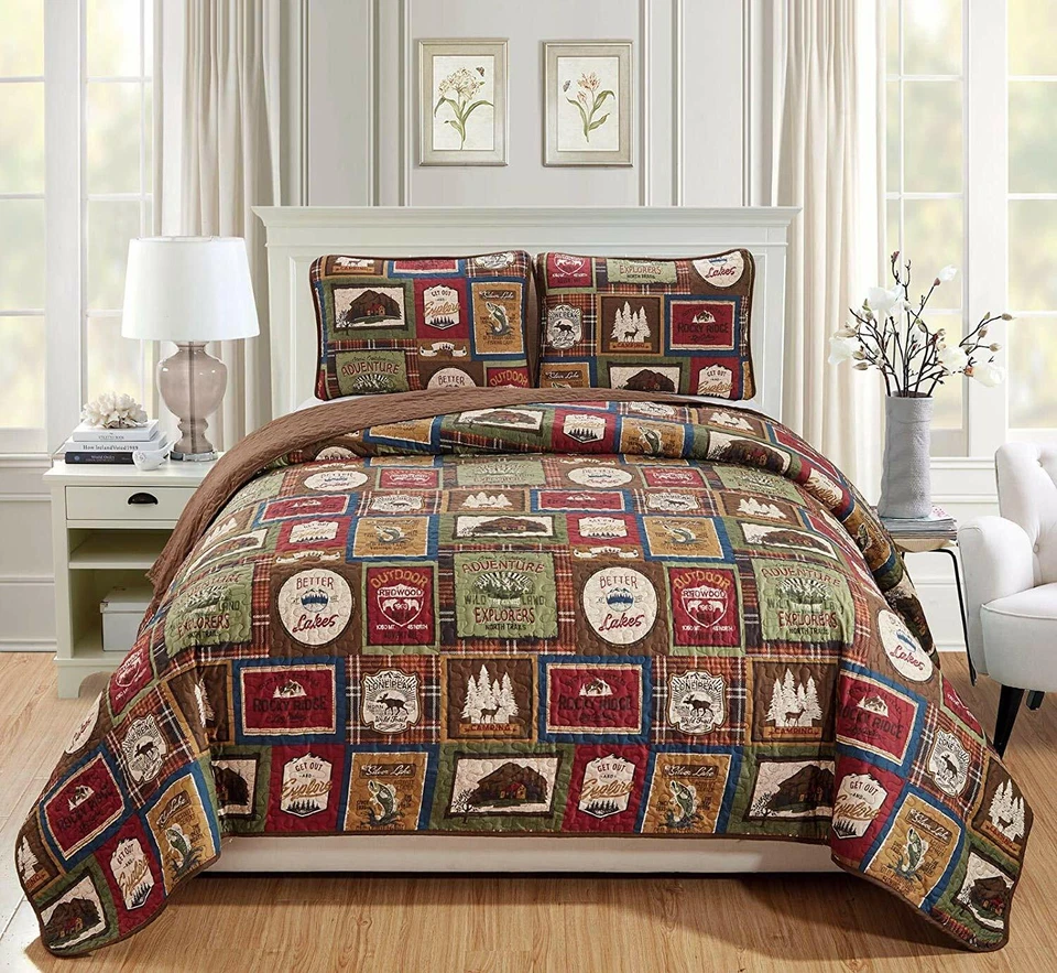 BEAUTIFUL LODGE GREEN RED BROWN FISH DEER LAKE OUTDOORS SOFT LOG CABIN QUILT SET - Image 1 of 1
