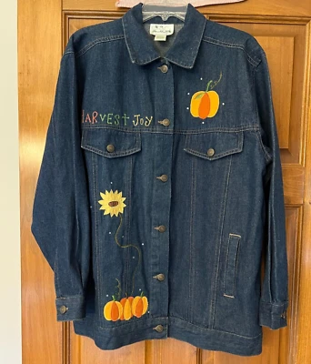 Quacker Factory Harvest Scarecrow Embroidered Applique Denim Jacket EUC Large - Image 1 of 4