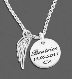 Kette mit Gravur; Namenskette Silber, Anhänger Flügel, Taufschmuck  - Bild 1 von 3