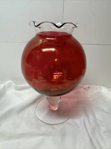 Vintage Cranberry Carnival Glass Ruffle Top Rose Bowl Vase Clear Pedestal Base - Picture 1 of 10