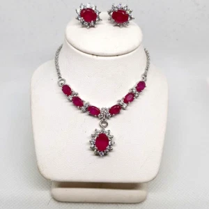 Necklace set red ruby simulated 18K white gold filled Bridal Thai silver dangle - Picture 1 of 5