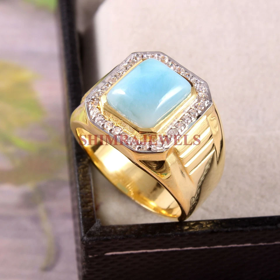 Anillo de plata de ley 925 enchapado en oro con piedras preciosas naturales de Larimar para hombre 204 Foto 1 de 3
