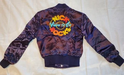 Casaco bombardeiro cetim marinho vídeo Nickelodeon Rocks vintage anos 80 criança juventude MED - Imagem 1 de 4