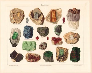 c1900 GEMS MINERALS GARNET AMETHYST EMERALD RUBY CHROMOLITHOGRAPH @10x13 - Picture 1 of 2