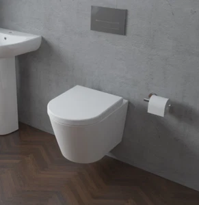 Bathroom Modern Rimless Wall Hung Toilet Pan With Soft Close Seat WC Round - Picture 1 of 10