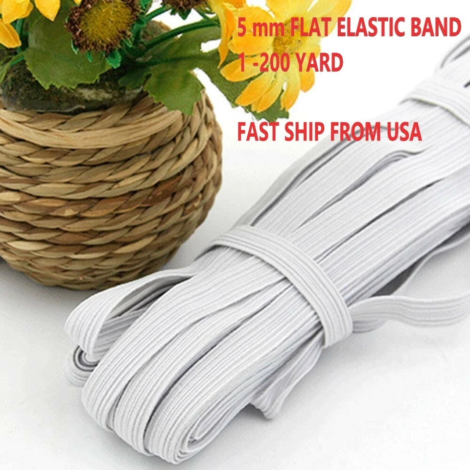 5mm 1/4" Inch Width Flat Elastic Band 100 Yard Sewing Trim DIY Face Mask String - Image 1 of 4