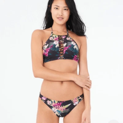 Aeropostale LLD Tropical Floral Bikini Black Floral Bottom Top M Bottom L - Image 1 of 4