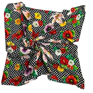 Handmade Floral Scarf Bold Red Floral Black/White Polk-A-Dot Garden Flower 34x34 - Picture 1 of 11