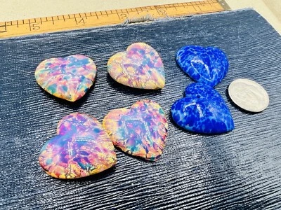 6 Vintage Pink Holographic & Cobalt Blue 1” Glass Heart Shape Cabochons Findings Foto 1 de 4