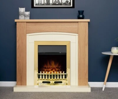 ELECTRIC FIRE OAK CREAM FIREPLACE SURROUND SUITE BRASS LED COAL 1KW OR 2KW - Image 1 of 2