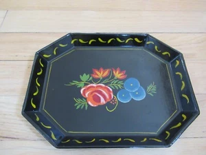 Vintage Tole Black Hand Painted Metal Tray 6 1/2" x 8 1/2" Red Rose & Flowers - Picture 1 of 7