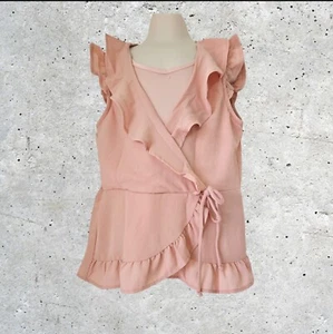 Monteau Girls Short Sleeve Ruffle Faux Wrap Salmón Blouse Top Size 10 - Picture 1 of 11