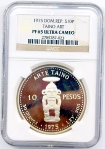 1975 Dominican Republic 10 Pesos – Taino Art – NGC PF 65 Ultra Cameo .900 Silver - Picture 1 of 4