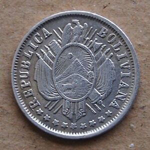 BOLIVIA. 1884 PTS FE Silver 20 CENTAVOS. NICE.