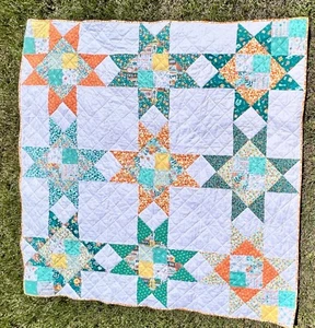 Ohio Stars Quilt New Handmade Green and Orange 72" x 72" - Picture 1 of 20