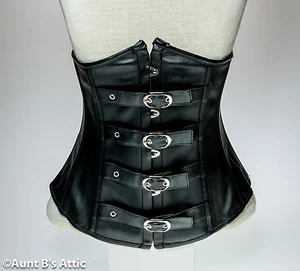Corset Black Vinyl Buckled Front Laced Back Pirate Steampunk Waist Cincher - Picture 1 of 2